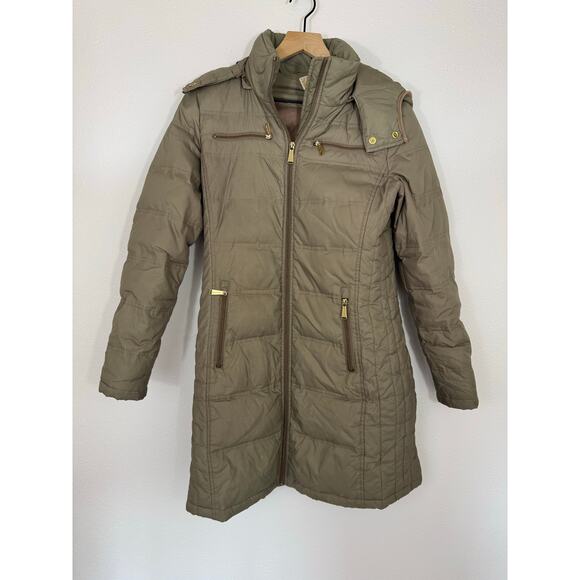 Michael Kors Down Puffer Coat Jacket Women’s Small Olive Green Long Hooded - Picture 1 of 9